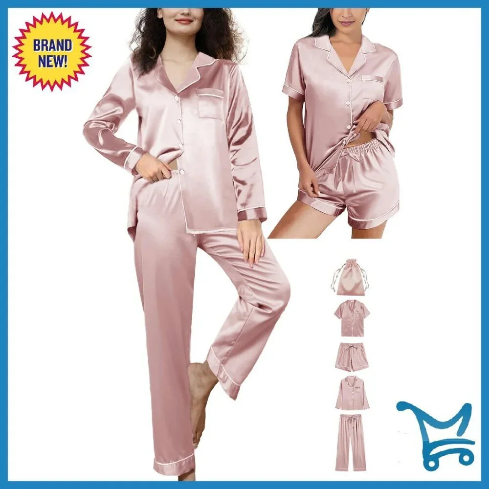Silk Satin Pajama Set 5-Piece Button Down Lounge Sleepwear